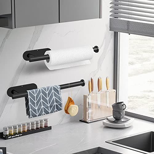 DEKAVA Paper Towel Holder Under Cabinet Wall Mount for Kitchen Towel, Self-Adhesive Bar, Rack, SUS304 Stainless Steel 13 inch (BlackA, 1) 2