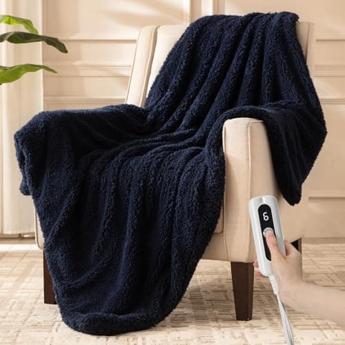 SNUGSUN Heated Throw Blanket Double Sided Sherpa, Soft Heating Electric Blanket for Bed, Automatic Safety System, 6 Heating Levels & 4 Hours Auto-Off, 50"x60" Navy Blue