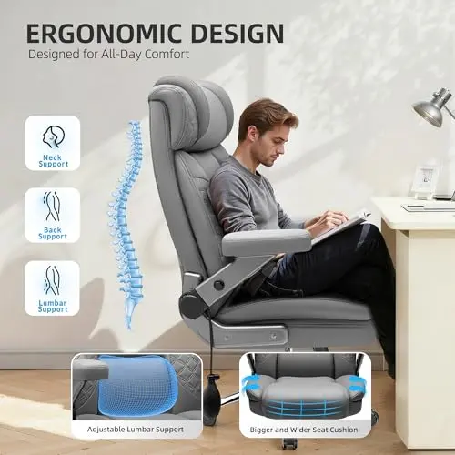 Office Chair, 5D Flip Arm Ergonomic Desk Chair with Adjustable Lumbar Support for Back Pain, Extra Wide 500LBS Comfy Big and Tall Office Chair, Executive Leather Computer Game Chair for Heavy People 6
