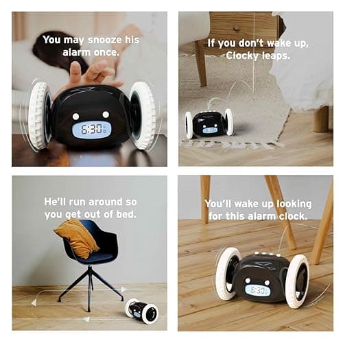 CLOCKY Alarm Clock on Wheels – Loud Rolling Alarm Clock for Heavy Sleepers | Runaway Clock that Jumps & Runs to Wake You Up | Funny Unique Gift for Adults, Teens & Kids Bedrooms (Black) 9