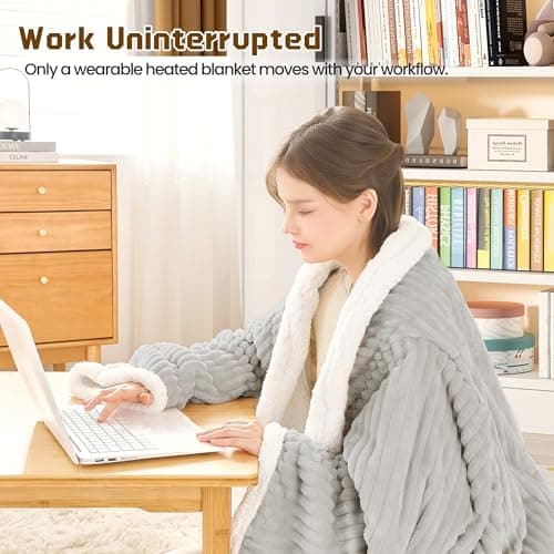 Heated Wearable Electric Blanket with Sleeves & Foot Pocket, Stripe Fleece Sherpa, 6 Heat Levels 12H Timer Setting, Over-Heat Protection, Machine Washable, 52x72 Inches Gray for Office/Home/Gift 7