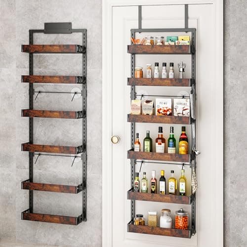 bukfen Over the Door Pantry Organizer, 6-Tier Adjustable Wooden Basket Kitchen Pantry Door Organization and Storage, Heavy-Duty Metal Hanging Kitchen Spice Rack,D6.3 x W17.71 x H50.60 inch,1 Pack