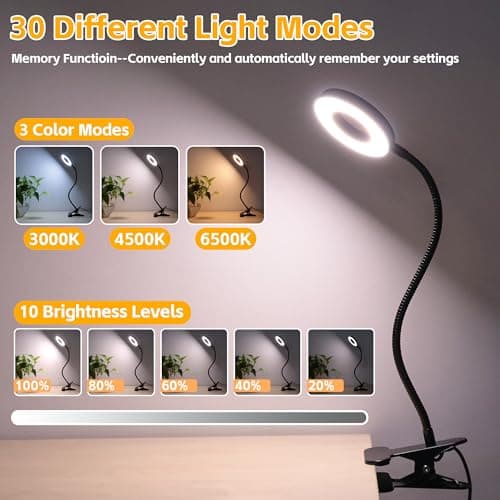 Foneso Desk Lamp Clip on Light, 48 LED USB Lamp with 3 Color Modes 10 Brightness Levels, 360° Flexible Gooseneck Eye Protection Bed Night Light for Reading, Makeup, Craft (Black) 5
