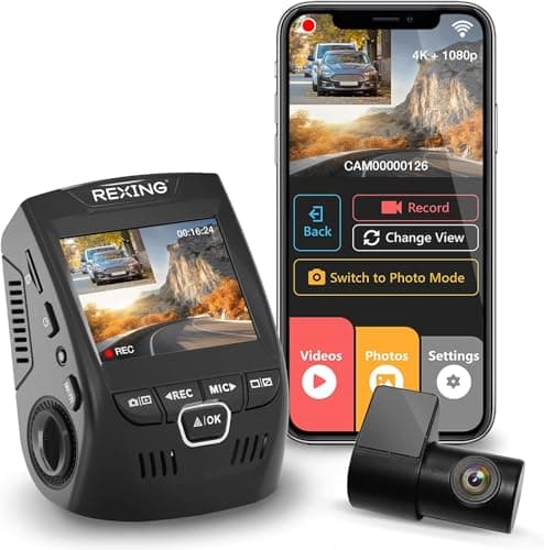 RexingUSA V1P 4K Dual Channel Dash Cam 4K+1080p w/Wi-Fi, 2.4” LCD, 170° Wide Angle, Rear Camera, Supercapacitor, G-Sensor, WDR, Loop Recording, Mobile App