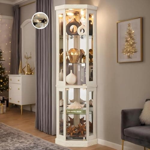 Eyisean 70" Lighted Corner Curio Cabinet, Curved Wood China Display Case with Tempered Glass Doors & Adjustable Shelves, Light Bulb Included, Tall Wine Storage Rack for Bar and Liquor Storage (White)