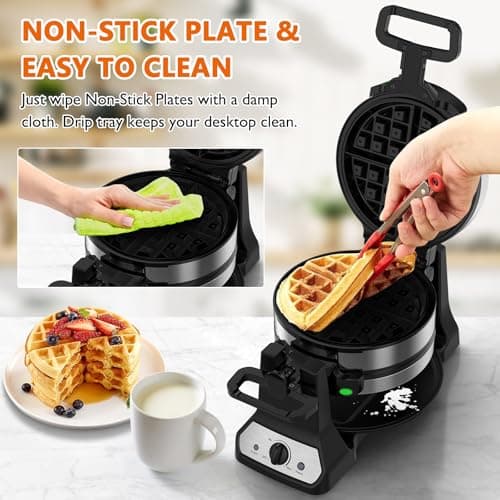 Waffle Maker, 1400W Belgian Waffle Maker, Double Waffle Iron 180° Flip, Rotating Nonstick Plates, Adjustable Browning Control, Locking Buckle & Cool Touch Handle, Removable Drip Tray, Stainless Steel 6