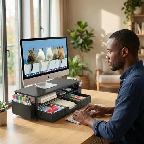 ECOLOVI Desk Organizer and Accessories, 2-Tier Computer Monitor Stand Rise with Storage Drawer & 2 Pen Holders, Laptop & Printer Stand for Desktop, Workspace Organizers for Office Supplies (Black) 7