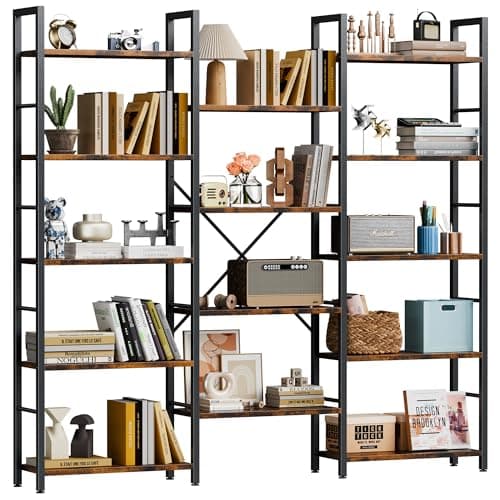 Shintenchi Triple Column 5 Tier Bookshelf, Industrial Large Bookcase Display Shelves, Large Etagere Bookshelf,Wide Book Shelf Book Case for Home & Office, Rustic Brown