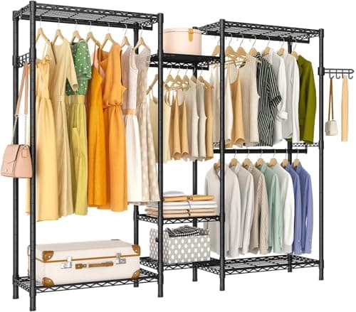 Exglobol Heavy Duty Garment Rack, Portable Wardrobe Clothes Rack Freestanding Adjustable Clothing Rack with 7 Tiers Adjustable Wire Shelving and 4 Hanger Rods, Max Load 920LBS