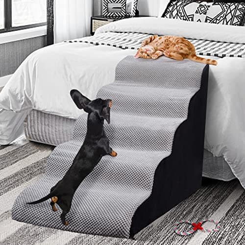 Dog Stairs&Steps for High Beds Up to 28'', 5-Step Dog Ramp for Small Medium Dogs with Washable Cover, Pet Steps for Cats to Get on Couch and Sofa, Durable Foam Ladders, 24.4" Tall, Grey