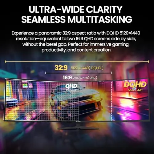 CRUA 49" Curved Gaming Monitor | DQHD(5120 * 1440), 144Hz/165Hz, 1500R, 32:9, AMD FreeSync, 120% sRGB, Height Adjustable Ultra-Wide Screen Monitors, HDMI 2.1 & DP 1.4, Wall Mount Install- Black 8