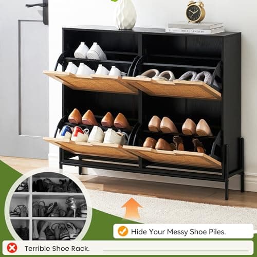 IDEALHOUSE Natural Rattan 4 Flip Door Shoe Cabinet Organizer Freestanding, Modern Shoe Rack Storage Organizer with 3-Tier Adjustable Shelves for Entryway, Closet, Hallway 7