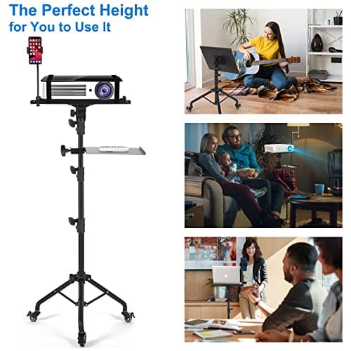 Tossbiss Laptop Tripod on Wheels with 2 Shelves, Portable Projector Floor Stand Adjustable Height 25.9 to 51.8 Inch with Phone Holder 5
