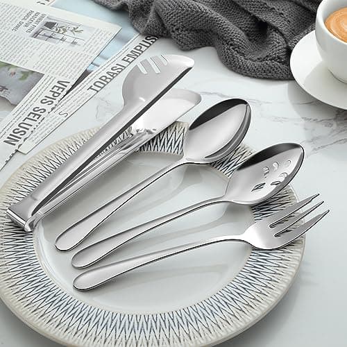 Pleafind 16 PCS Serving Utensils, Stainless Steel Serving Utensils Set with Serving Spoons, Slotted Serving Spoons, Serving Forks and Serving Tongs, Serving Utensils for Parties Buffet Banquet 6