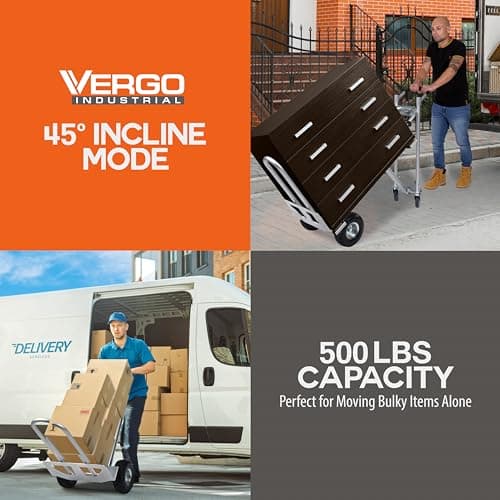 Vergo Industrial Convertible Hand Truck - AS7A2 Heavy Duty Aluminum 3 in 1 Dolly (750 lb Capacity) Lightweight Frame, Ergonomic Handle, Extendable Loop, Versatile Moving Dolly (3 Positions, 53" High) 8