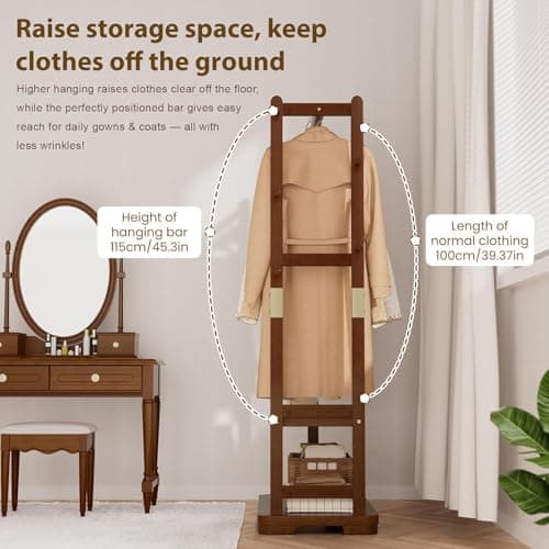 Taitiy Coat Rack Solid Wood Clothes Rack with 2 Shelves & 4 Hooks for Hanging Clothes Garment Wallets Hats, Clothing Rack Heavy Duty Coat Rack Freestanding with Storage Hall Tree for Hallway Bedroom 7