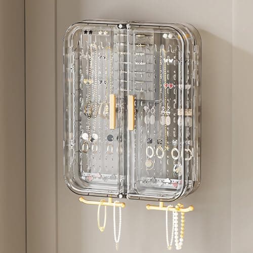 YFUIF Jewelry Boxes & Organizers Display Cabinet, Bedroom Wall Storage Decor Aesthetic, Acrylic Hanging Mounted Holder Earring Ring Necklace Preppy Teen Girl Birthday Gifts 11x8in (Ash Gold) 7
