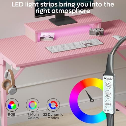 Bestier 42 inch Pink Gaming Desk with Monitor Stand, LED Computer Desk, Gamer Workstation with Cup Holder & Headset Hooks, Modern Simple Style Desk for Girls Kids 5