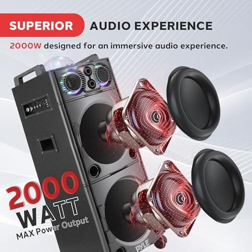 Pyle Portable Bluetooth PA Speaker System - 2000W Active powered Outdoor Bluetooth Speaker Portable PA System w/ Microphone In, Party Lights, USB SD Card Reader, AUX/RCA/FM Radio, Wheels - PSUFM1043BT 2