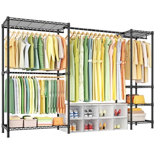 Ulif E10 Clothes Rack（With Stretchable Hanger Rod）Freestanding Clothing Racks for Hanging Clothes，Adjustable Closet Organizer System，Portable Garment Rack 73-97"W x 15" D x 72" H，Max Load 800LBS，Black