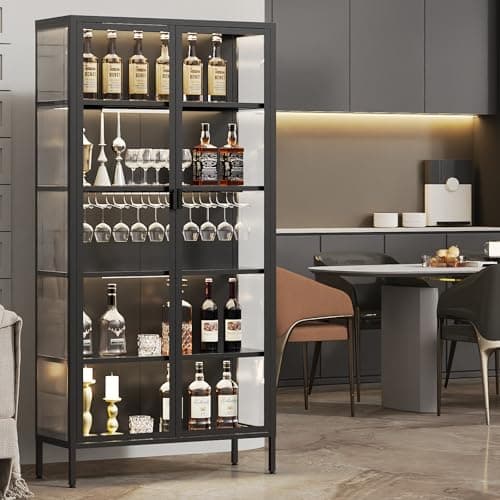 Eltean 71" H Display Cabinet with Glass Doors, 5 Tiers Curio Glass Display Cabinet with 3 Colors LED Sensor Light,Display Cabinets for Collectible with 4 Adjustable Shelves for Living Room,Bedroom 9