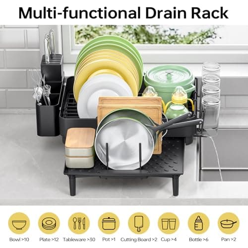 Urackify Dish Drying Rack for Kitchen Counter, 304 Stainless Steel Dish Rack, Expandable Dish Drainer, Foldable Dish Strainer with Cutlery Holder, Kitchen Plate Rack (Black, Large Size) 7