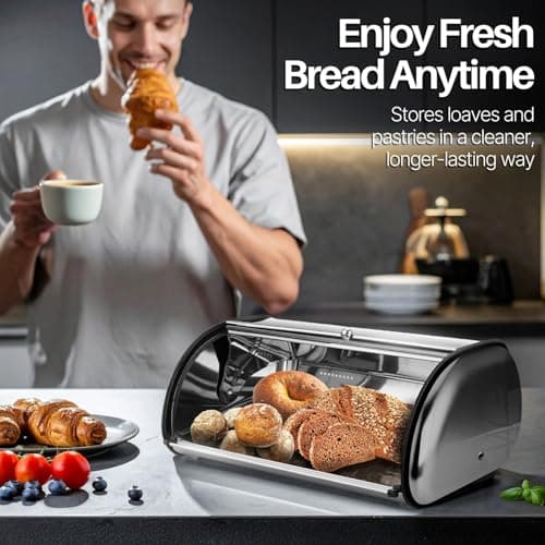 Flexzion Stainless Steel Bread Box For Kitchen Countertop (13 inch) Metal Roll Up Top Lid Storage Container Bin Keeper for Cake Buns Toasts Loaves Pastries Pancakes, Ideal for Restaurant Home Kitchen 9