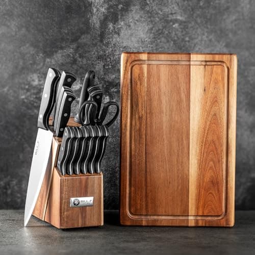Wood Kitchen Set Knife Set for Kitchen with Block Stainless Steel Knives 16 Pcs and Cutting Board with Groove,Black Handles and Sharp Stainless Steel Professional Chef Knife Set