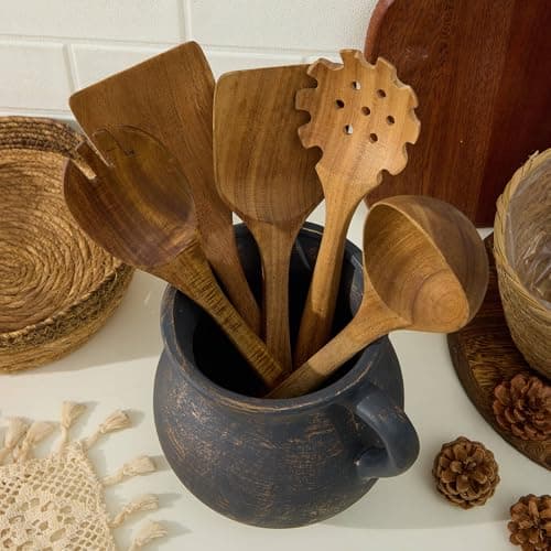 MIYUKI Rustic Kitchen Utensil Holder - 7.6 Inch Ceramic Utensil Crock for Countertop, Vintage Kitchen Counter Decor 5