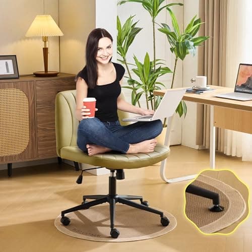 VINGLI Criss Cross Legged Chair,Wide Comfy Office Desk Chair,Dual-Use with/no Wheels Computer Task Chair,Swivel Armless Vanity Rolling Chair for Study,Make Up,Home Office,Cat Scratch PU,Avocado Green