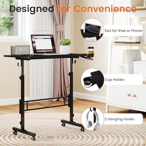 Hadulcet Small Standing Desk Adjustable Height, Mobile Stand Up Desk with Wheels, Portable Walking Pad Table Stand, Rolling Laptop Cart for Standing or Sitting, Black 7