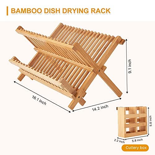 Worthyeah Bamboo Dish Drying Rack, 2 Tier Collapsible Dish Rack with Utensil Holder, Wooden Dish Drying Rack for Kitchen Counter, Large Folding Drying Holder, Dish Drainer 34 pcs Grid 5