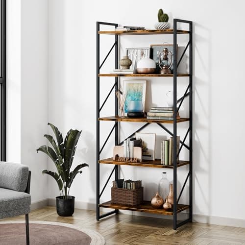 Shintenchi 5 Tiers Bookshelf, Classically Tall Bookcase Shelf, Industrial Book Rack, Modern Book Holder in Bedroom/Living Room/Home/Office, Storage Rack Shelves for Books/Movies-Rustic Brown