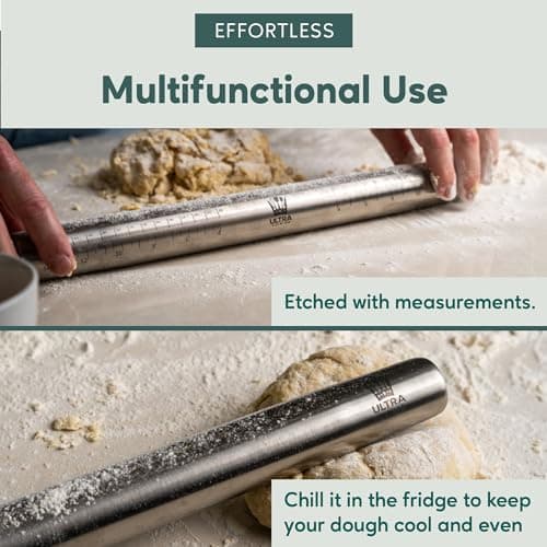Ultra Cuisine French Rolling Pin for Baking – Tapered Stainless Steel Design with Measurements, Professional or Home Use with Pizza, Cookie, & Pastry Dough, or Fondant and Pie Crust – Dishwasher-Safe 8