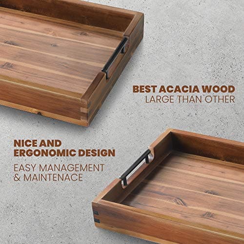 Ottoman Tray, Acacia Wood Serving Tray with Metal Handles, 16.5x12.5in Food Drinks Tray for Coffee Table, Breakfast, Dinner & Bar, Rustic Decorative Storage Tray for Ottoman, Kitchen, Packaging 5