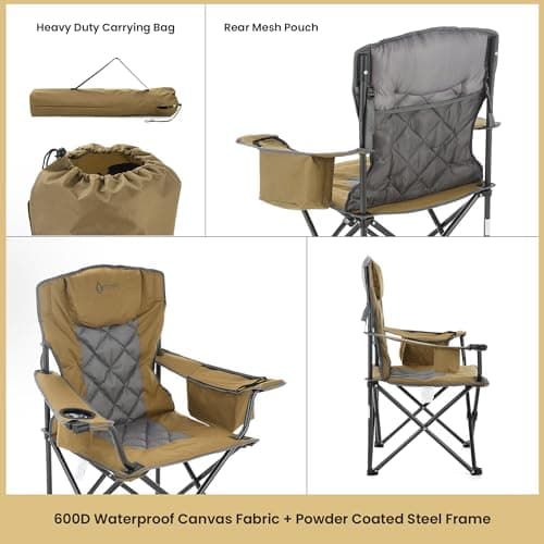 ARROWHEAD OUTDOOR Portable Deluxe Folding Camp Quad Chair w/Headrest, Glass & Cup Holders, Armest 6-can Cooler, Heavy Duty Carry Bag, 550 lbs Weight Capacity 6