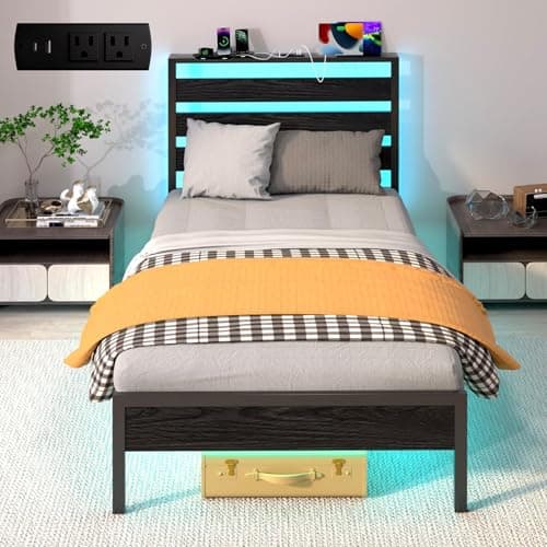 J.Fkne Twin Bed Frame with LED Lights & Charging Station, Storage Headboard, Heavy Duty Metal Slats, No Box Spring Needed, Noise-Free, Easy Assembly, Black