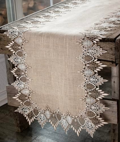 LINENS ART AND THINGS Lace Table Runner Neutral Earth Tones Dresser Scarf Coffee Table Runner Brown Beige (16Wx36L)