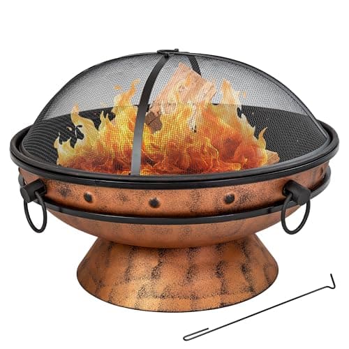 Sunnydaze 30-Inch Large Outdoor Fire Pit - Wood Burning Fire Pit for Outside with Poker and Screen - Copper Finish - Royal Cauldron