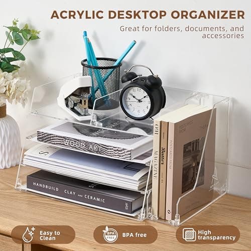 ACRYLATO, Acrylic Desk Organizer - 4-Tier Tray with Vertical File Holder for Books, Stationary, Letter, Magazines, Documents, and File Organizer - Durable Space Saving Storage, For Home and Office 7