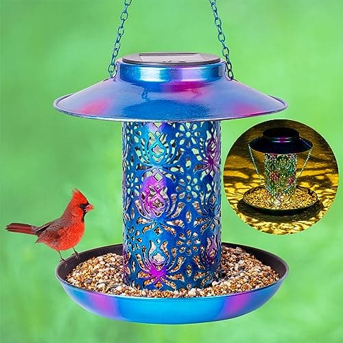Ottsuls Solar Bird Feeder for Outdoors Hanging, Metal Wild Cardinals Garden Lantern with S Hook, Weatherproof and Water Resistant Birdfeeders as Gift Idea for Women Mom Grandma Bird Lovers (Blue)