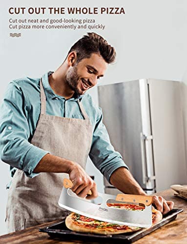 FENGCHEN 14Inch Pizza Cutter Rocker Style , Very Sharp Stainless Steel Pizza Blade Slicer,Suitable For Fruit Salad Bread Type Chopped Sliced ,Black Protective Case Double Wooden Handle Handle 5