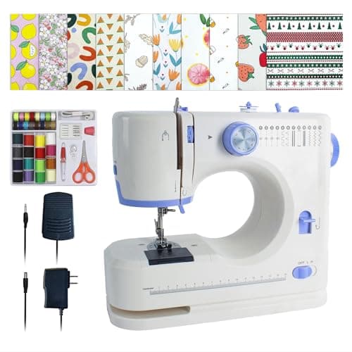 Stoigeld Sewing Machine for Beginners with 20 Pcs Fabric and 32 Pcs Sewing Threads Kit,Portable Sewing Machine with 12 Built-in Stitches,2 Speed(High-Low Speeds) - White Blue