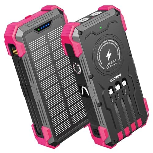 Sudrov Solar Charger Power Bank, 42800mAh Wireless Portable Charger with USB-C in/Output, QC3.0 Fast Charging 15W 4 Ports Outdoor Battery Pack Built-in Dual Led Flashlights for iPhone Samsung etc Red