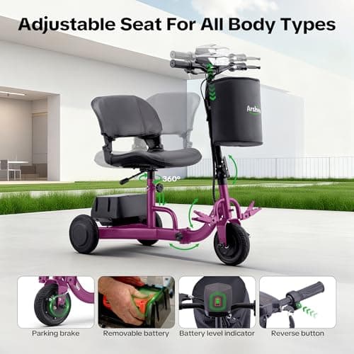Folding Electric Mobility Scooter for Adults, 50 Lbs Lightweight Portable Electric Scooter, 13KM Range Long Range Power Battery, Height-Adjustable Seat, 300lb Weight Capacity (Purple) 7