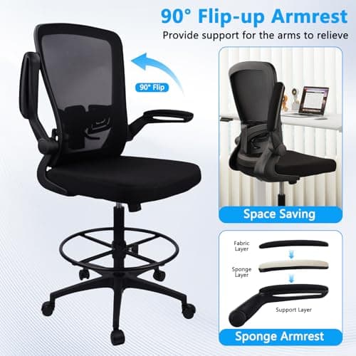 Drafting Chair Tall Office Chair, High Chairs with Flip-up Armrests Executive Ergonomic Computer Standing Mesh Desk Chair with Adjustable Footrest Ring and Lumbar Support Black 7