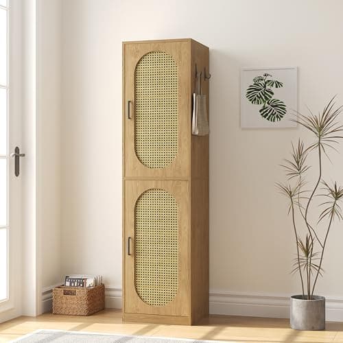 Epecoya Woven Shoe Cabinet with Rattan Doors and Metal Hooks for Entryway, 20 Pairs Free Standing Tall Shoe Storage Cabinet with Wood Adjustable Shelves and Boot Organizer for Living Room Closet