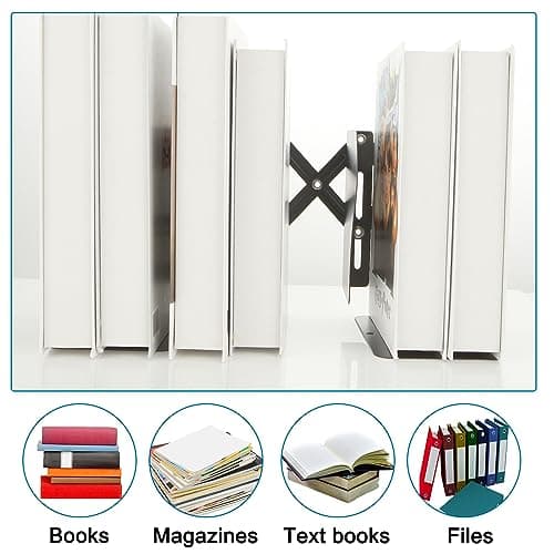 SHUESS 2 Pack Adjustable Bookends Metal Expandable Bookends for Heavy Book Holder, 2 Dividers, Black Book Stoppers to Hold Books Heavy Duty, Desk Book Ends for Shelves for Office & School 6