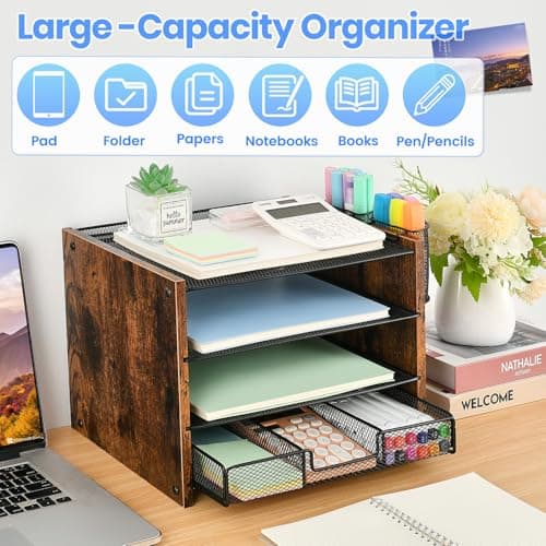 OPNCIE Desk Organizer and Accessories, 4-Tier Paper Letter Tray File Organizer with Drawer & 2 Pen Holder, Office Desk Accessories Workspace Desktop Organizer for Office Supplies(Brown) 6