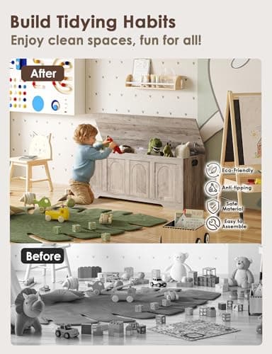 DINZI LVJ Storage Chest, 47.2" Rattan-Like Toy Box with 2 Safety Hinges, Wooden Entryway Storage Bench with Flip-Top, Large Trunk for Living Room, Bedroom, Easy Assembly, Greige 9